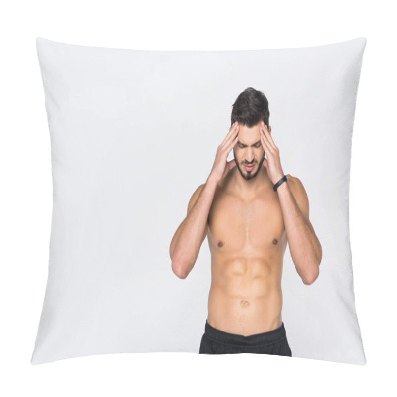 Personality  Shirtless Young Sportive Man With Headache Isolated On White Pillow Covers