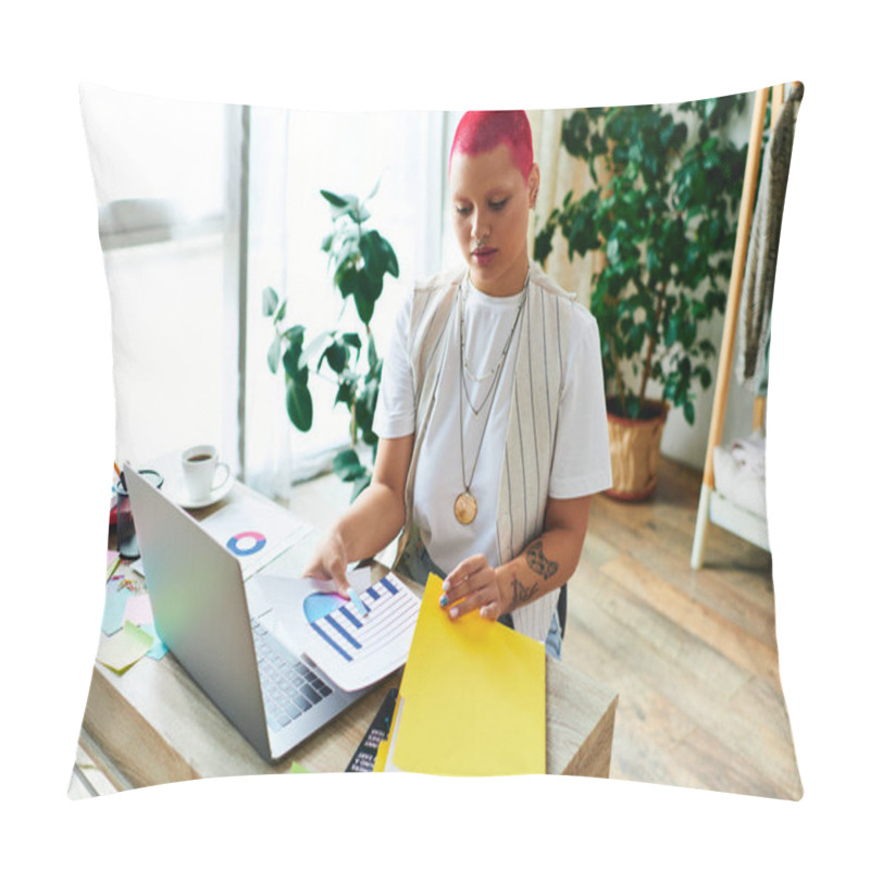 Personality  A Focused Young Woman Sorts Through Documents While Studying Data On Her Laptop At Home. Pillow Covers