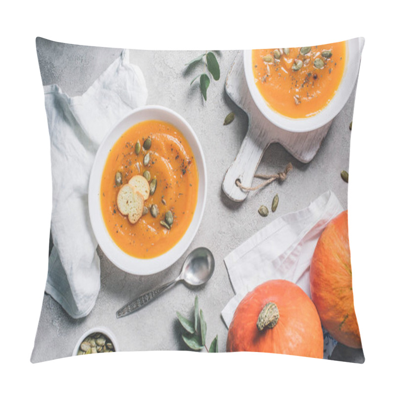 Personality  Top View Of Pumpkins, Plates With Rusks Pumpkin Cream Soup On Table  Pillow Covers