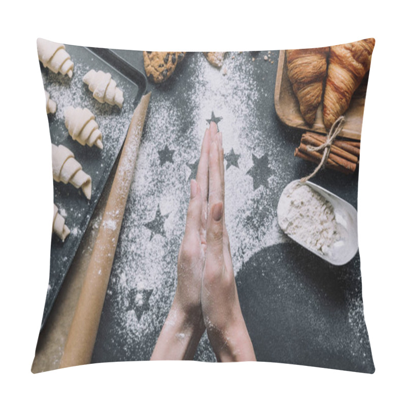 Personality  Cropped Image Of Woman Rubbing Flour Between Hand Palms Over Table With Dough For Croissants On Tray And Ingredients  Pillow Covers