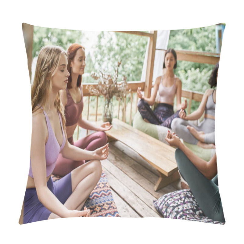 Personality  Women Retreat, Girlfriends Meditating In Lotus Pose In Cozy Patio Of Retreat Center Pillow Covers