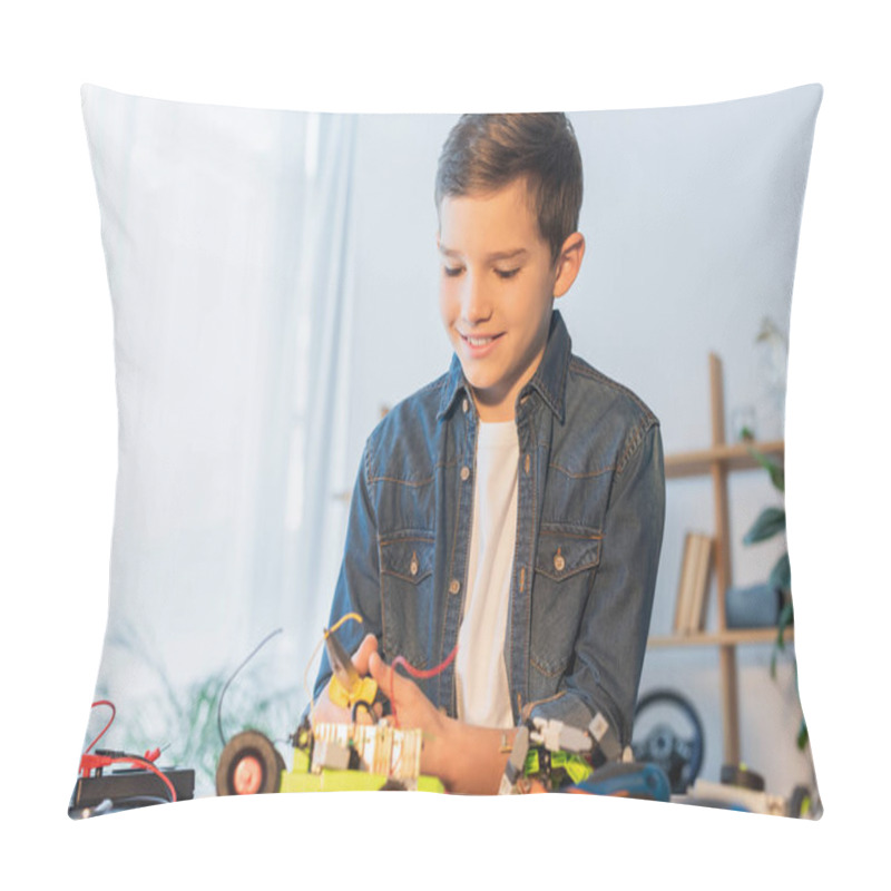 Personality  Preteen Boy With Pliers Assembling Robotics Model On Table At Home Pillow Covers