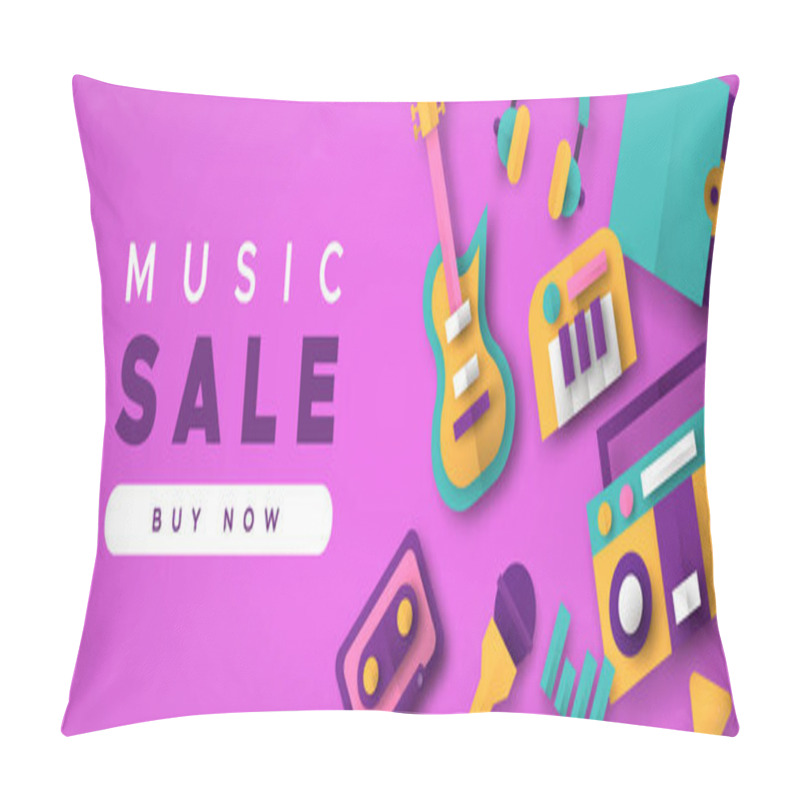 Personality  Music Sale Business Template With 3d Paper Cut Musical Instrument Icons. Colorful Retro Style Decoration For Audio Store Discount Event, Web Promotion Or Ticket Offer. Pillow Covers