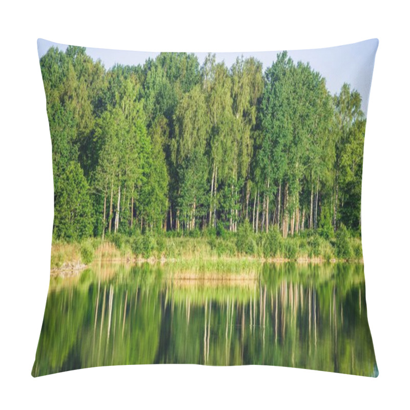 Personality  Reflections On The Water. A View Of The Blue Lake With A Forest In The Background On A Sunny Summer Day Latvia Pillow Covers