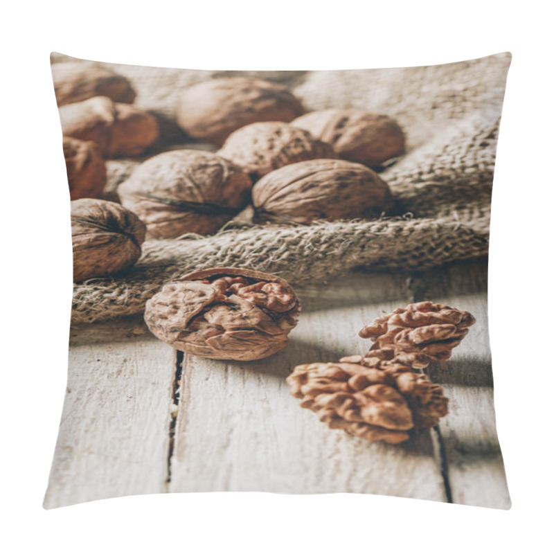 Personality  Close-up View Of Whole And Cracked Walnuts And Sackcloth On Wooden Table Pillow Covers