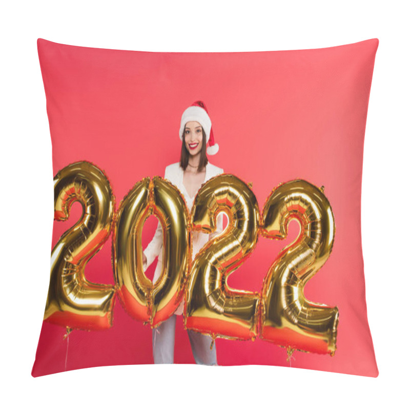 Personality  Pretty Woman In Santa Hat Standing Near Balloons In Shape Of 2022 Numbers Isolated On Red  Pillow Covers