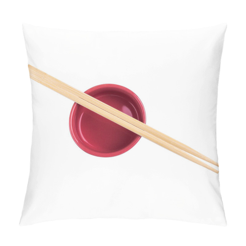 Personality  Japanese Sushi Sticks Or Chopsticks Over Red Sauce Bowl Isolated On White Background. Top View Pillow Covers