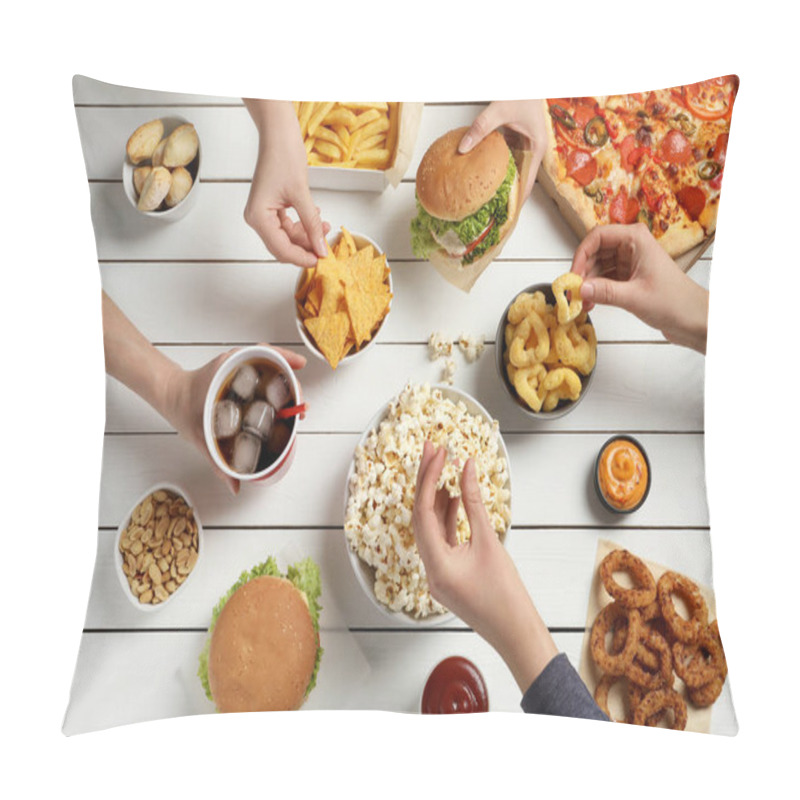 Personality  Friends Eating Burger, Popcorn And Other Fast Food At White Wooden Table, Top View Pillow Covers