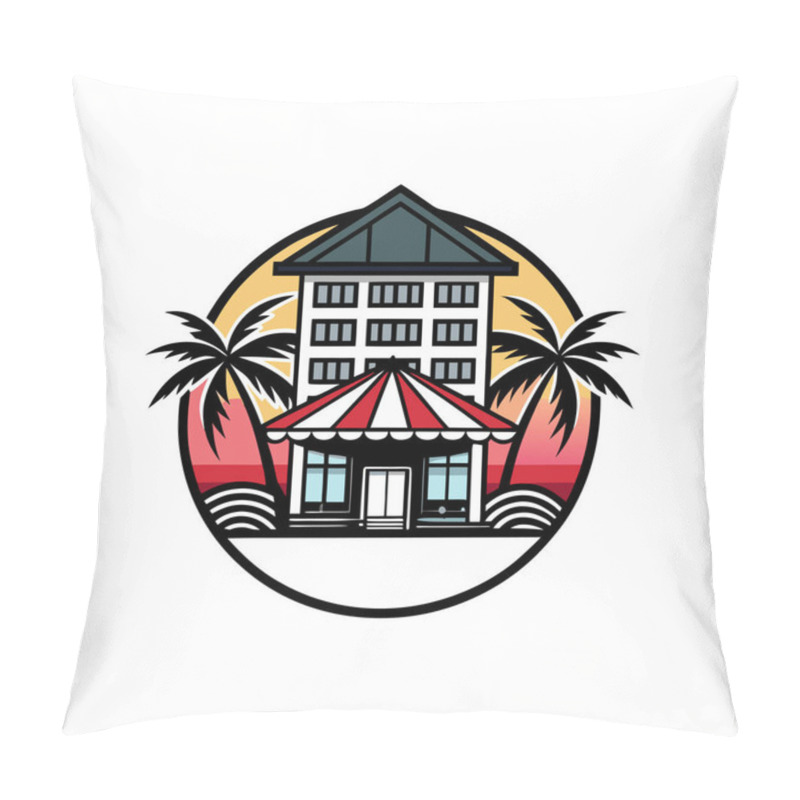 Personality  Summer Vibes Hotel Logo, Palm Tree, Sunshade, And Cityscape In Circle - Perfect For Travel Branding Pillow Covers