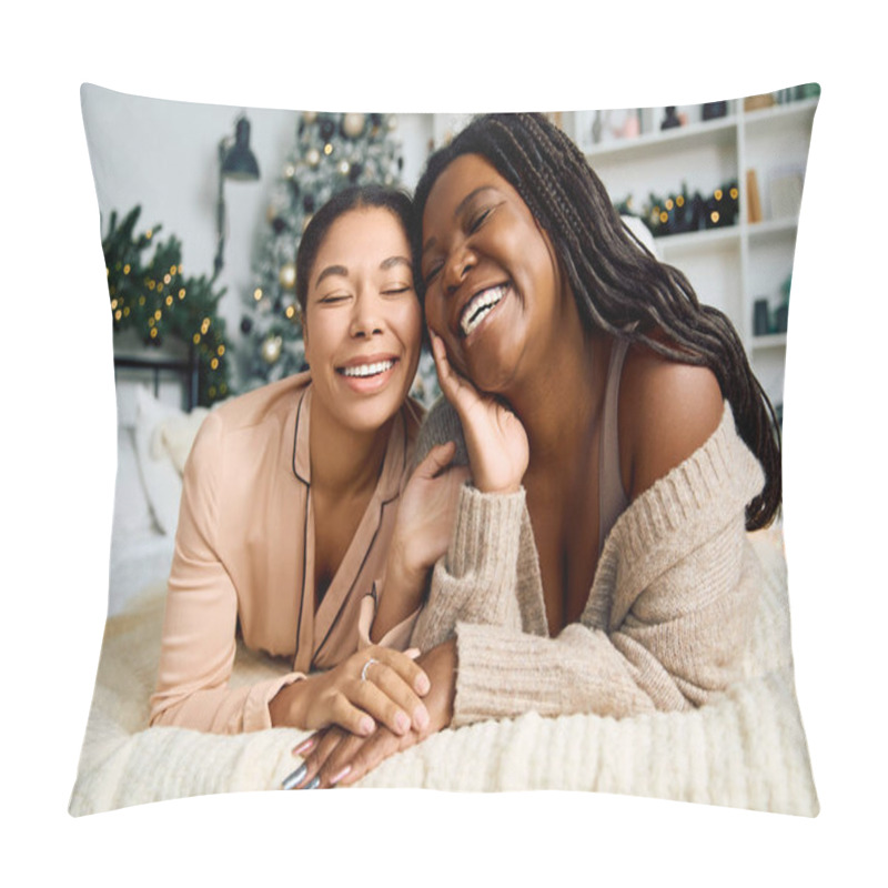 Personality  Two Women Smile Warmly While Relaxing On A Comfortable Bed Adorned For The Holidays. Pillow Covers