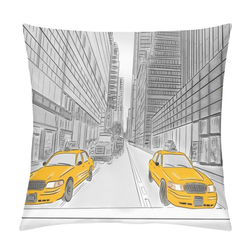 Personality  Street View Of New York, Yellow Taxi, Sketch Illustration Pillow Covers