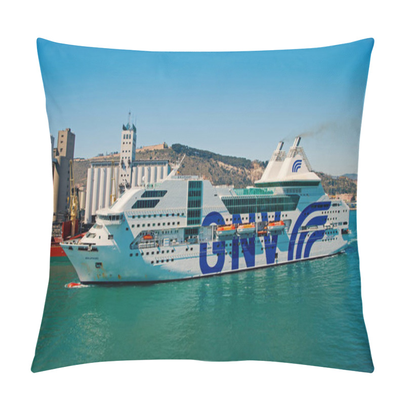 Personality  Barcelona, Spain - March 30, 2016: Ship Or Liner GNV Rhapsody Genova In Sea Harbor On Mountain Landscape. Cruise Ship Destination And Trip. Travelling By Sea On Ship. Big Passenger Ship Pillow Covers