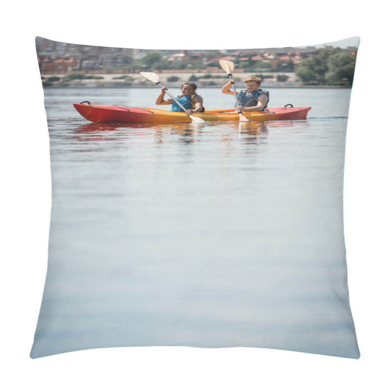 Personality  Positive And Active Multiracial Couple In Life Vests Holding Paddles While Sailing In Sportive Kayak On Calm Water Surface During Summer Recreation Weekend On City Lake Pillow Covers