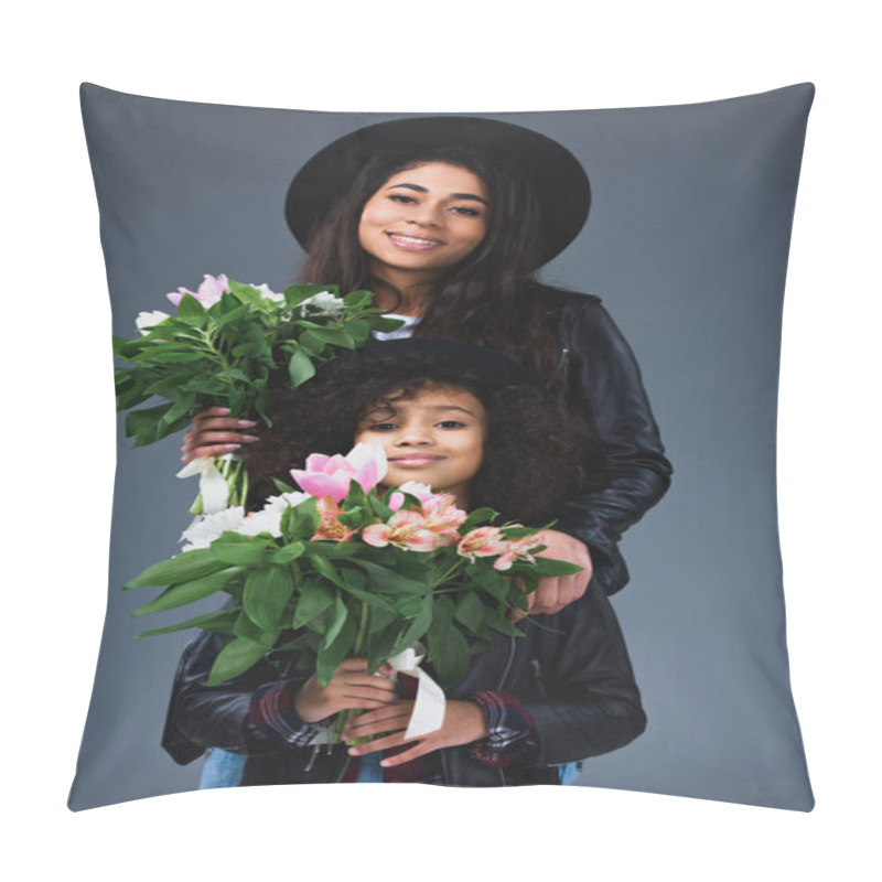 Personality  Beautiful Mother And Daughter In Leather Jackets And Hats With Beautiful Bouquets Isolated On Grey Pillow Covers