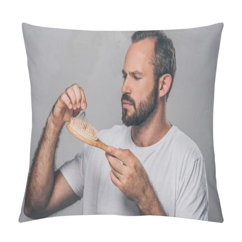 Personality  Bearded Middle Aged Man Holding Hairbrush, Hair Loss Concept Pillow Covers