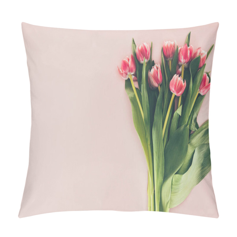 Personality  Bouquet Of Beautiful Pink Tulips With Green Leaves On Pink Pillow Covers