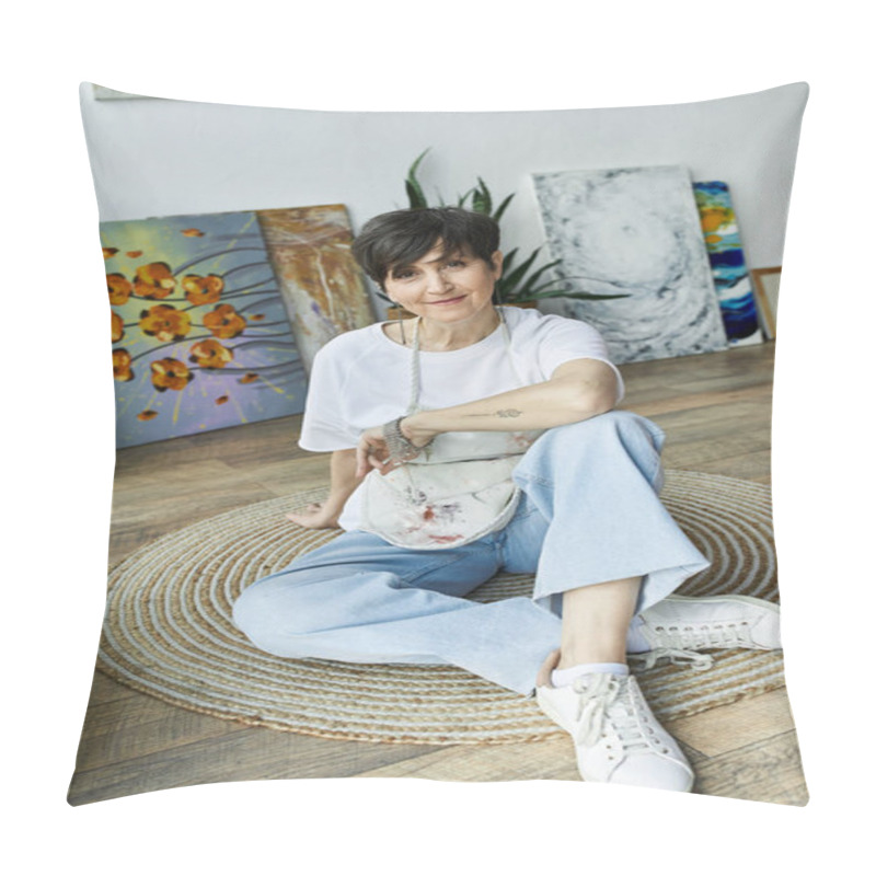 Personality  A Painter Relaxes In Her Studio, Surrounded By Her Vibrant Artwork. Pillow Covers