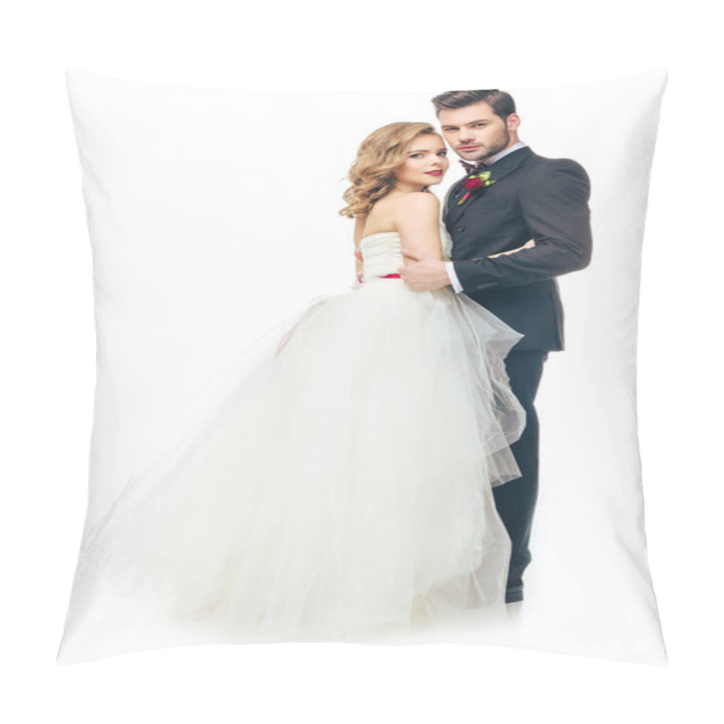 Personality  Side View Of Wedding Couple Hugging Each Other And Looking At Camera Isolated On White Pillow Covers