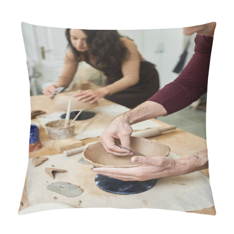 Personality  A Couple Joyfully Crafts Pottery Together In A Modern Studio. Pillow Covers