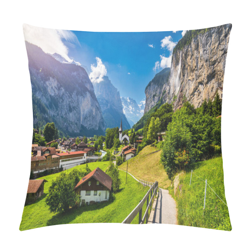 Personality  Amazing Summer Landscape Of Touristic Alpine Village Lauterbrunnen With Famous Church And Staubbach Waterfall. Location: Lauterbrunnen Village, Berner Oberland, Switzerland, Europe. Pillow Covers