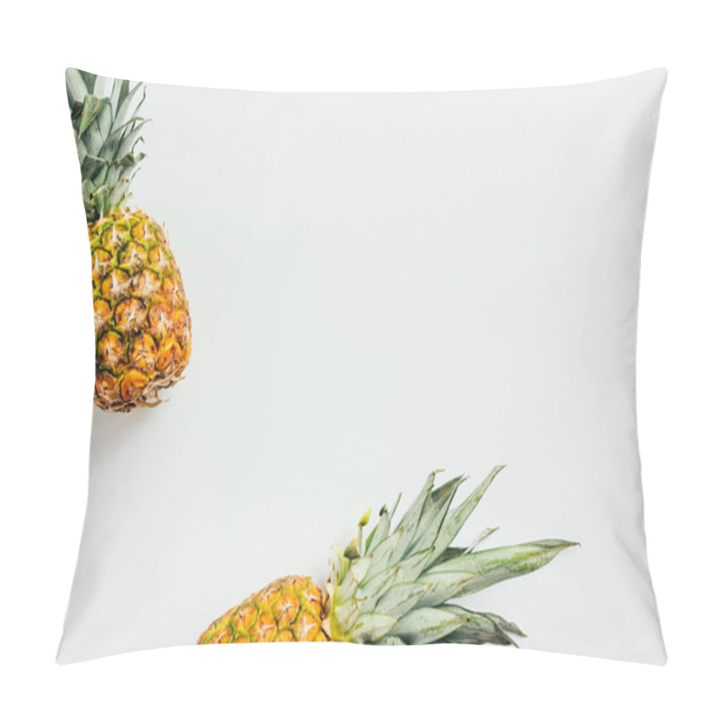 Personality  Top View Of Fresh Ripe Pineapples With Green Leaves On White Background Pillow Covers