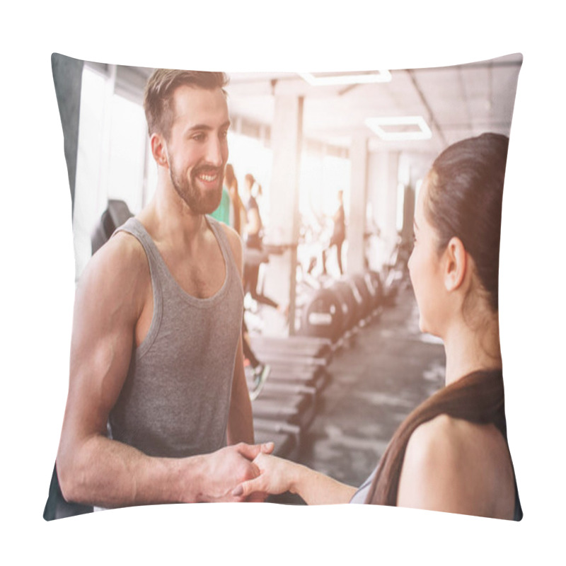 Personality  Cut View Of The Trainer And His Client Shaking Their Hands. They Are Standing In A Big Training Room Full Of Equipment. They Look Happy And Satisfied. Pillow Covers