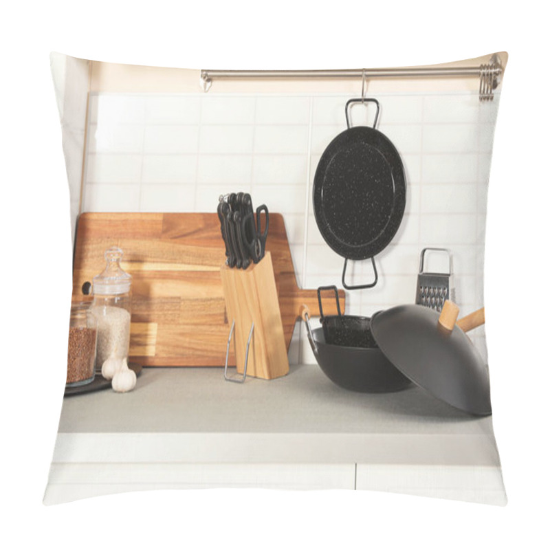 Personality  Set Of Clean Cookware, Utensils And Products On Table In Modern Kitchen Pillow Covers