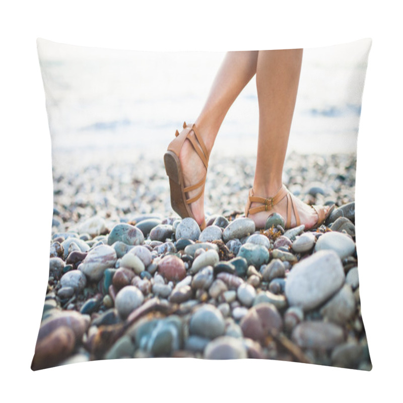 Personality  Young Woman On The Beach Enjoying A Warm Summer Evening Pillow Covers