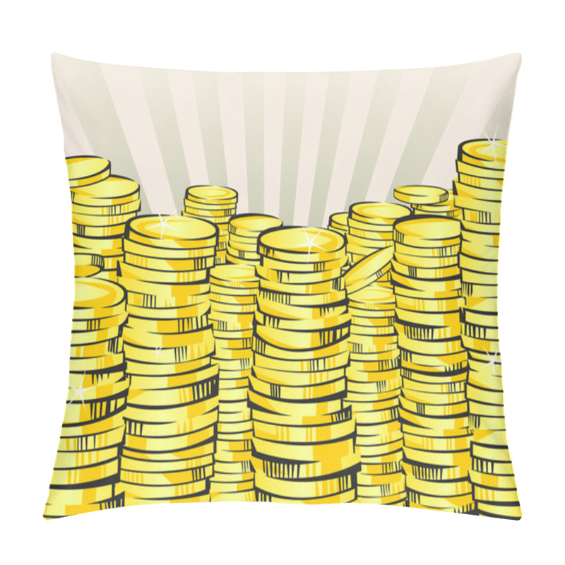 Personality  Golden Money Stacks. Gold Coins. Retro Vector Illustration Of The Shining Wealth. Lottery Winning Or Bussiness Success Concept. Pop Art Treasure Image.  Pillow Covers