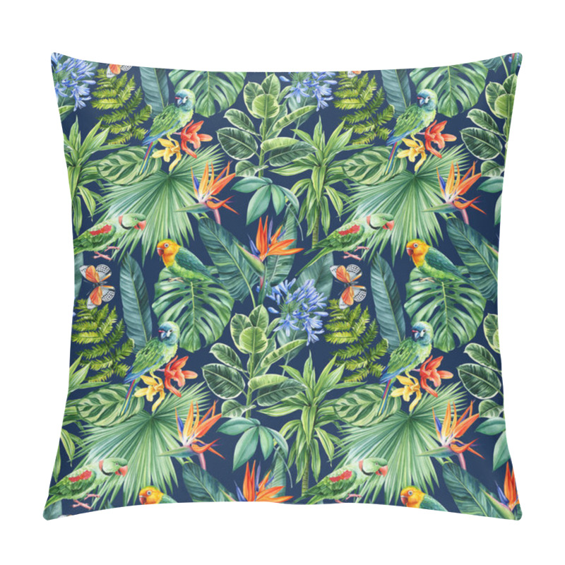 Personality  Green Parrot. Floral Tropical Seamless Pattern With Palm Leaves. Jungle Botanical Watercolor Illustrations. High Quality Illustration Pillow Covers