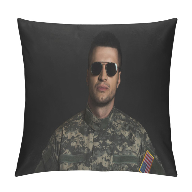 Personality  American Soldier In Camouflage Uniform And Sunglasses Looking At Camera Isolated On Black  Pillow Covers