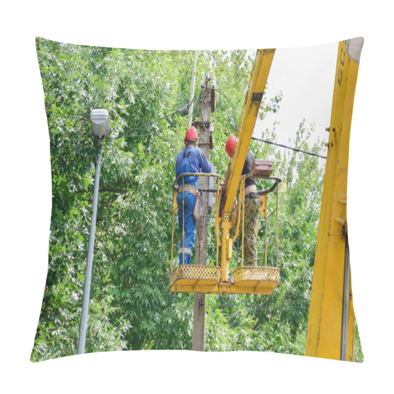 Personality  Electricians Repair The Wires On The Pole With The Help Of A Crane Lifter. Pillow Covers