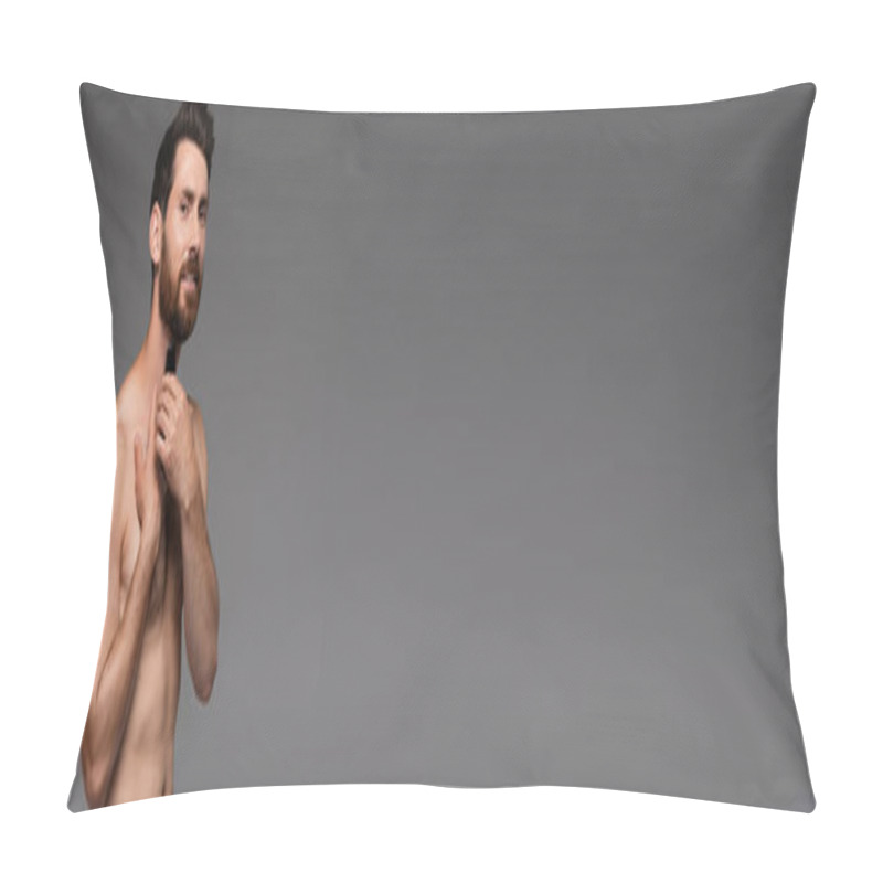 Personality  Bearded And Shirtless Man Shaving With Electric Razor Isolated On Grey, Banner Pillow Covers