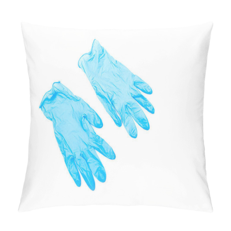 Personality  Two Blue Rubber Gloves Isolated On White Surface Pillow Covers