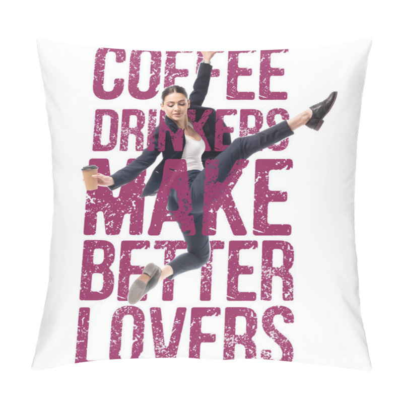 Personality  Attractive Businesswoman Dancing With Coffee To Go Near Coffee Drinkers Make Better Lovers Lettering Isolated On White Pillow Covers