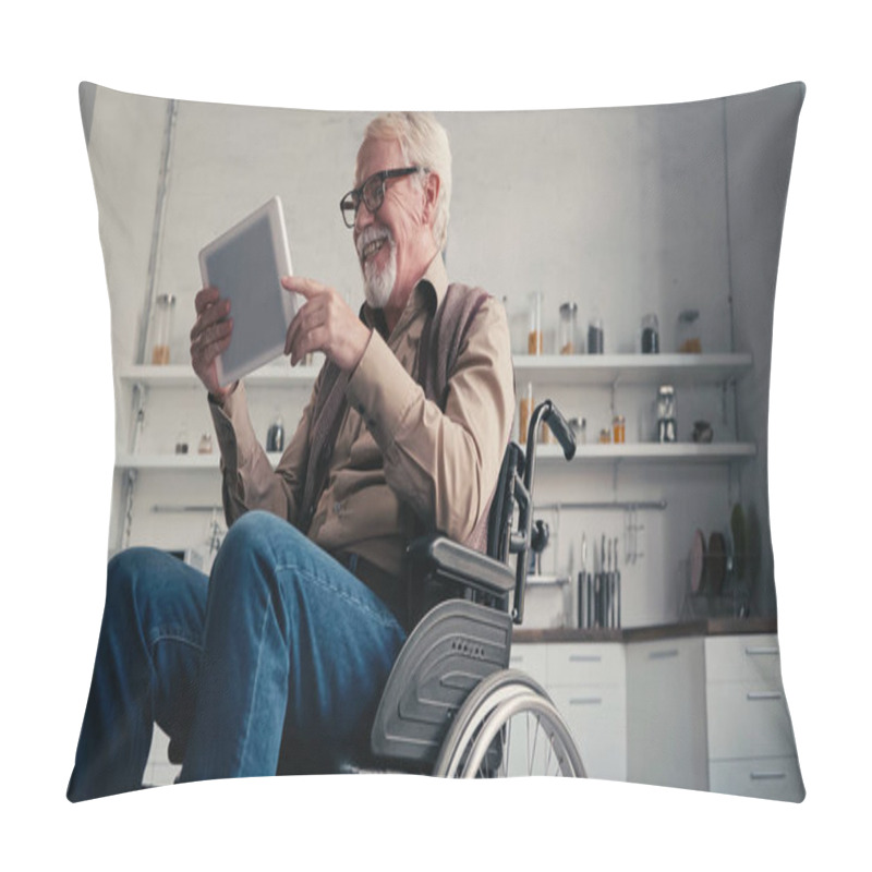 Personality  Smiling Disabled Pensioner In Wheelchair Using Digital Tablet At Home Pillow Covers