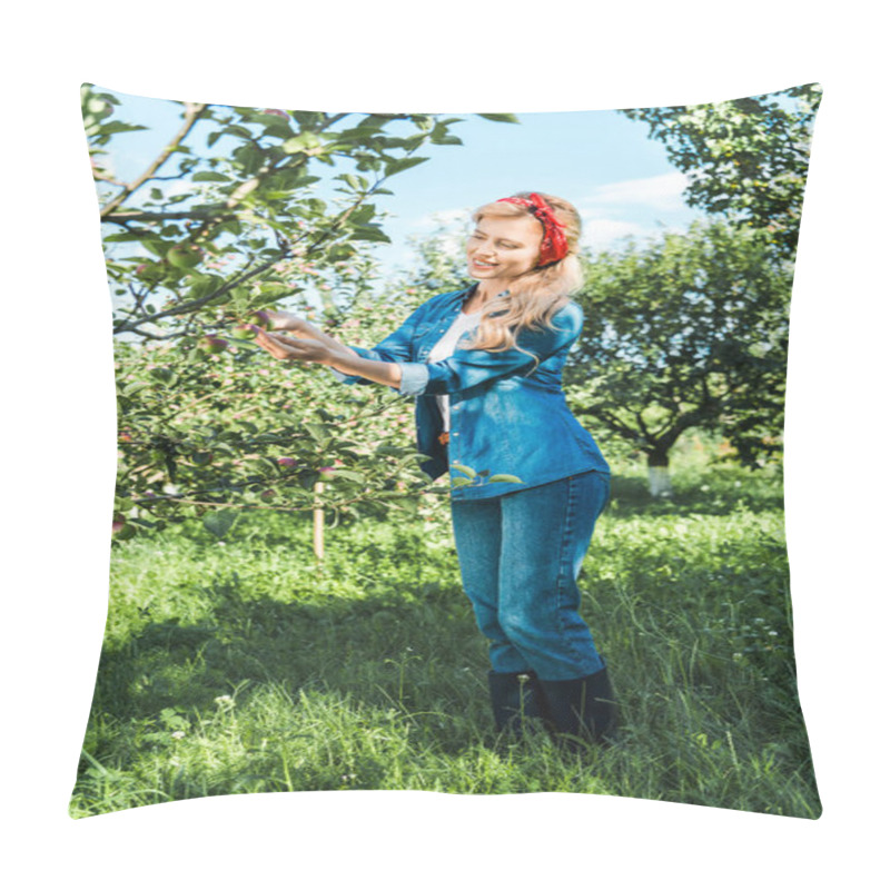 Personality  Beautiful Farmer Checking Ripe Apple On Tree In Garden Pillow Covers