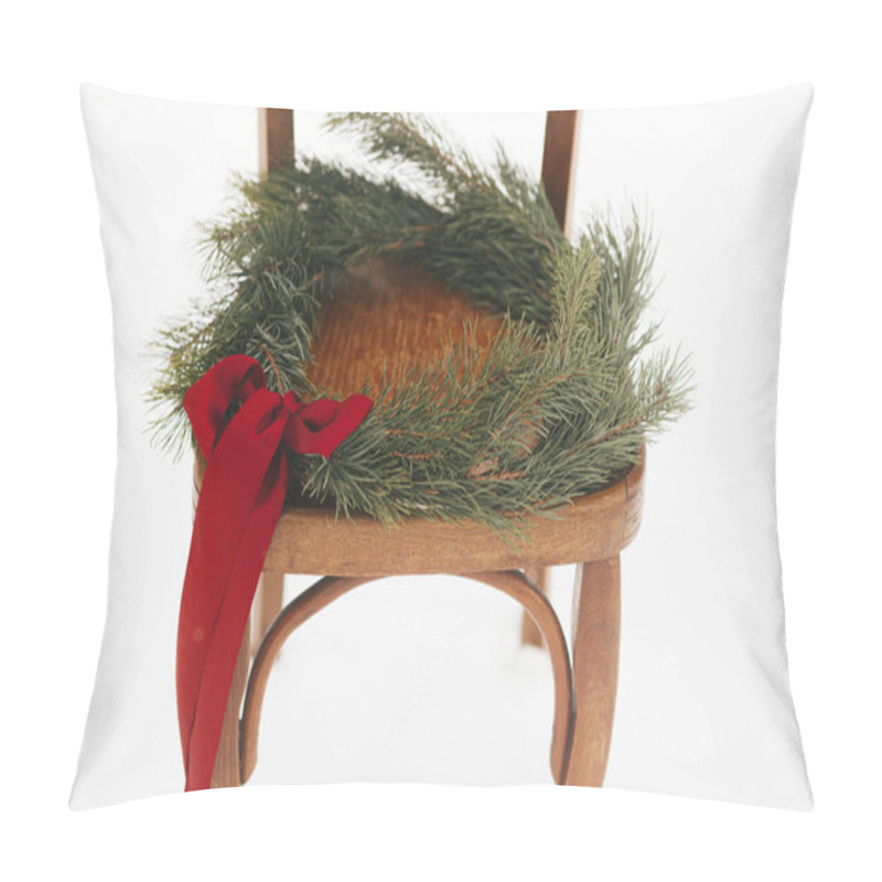 Personality  Merry Christmas! Christmas Wreath On Rustic Chair In Snowy Winter Field. Winter Holidays In Countryside. Stylish Xmas Wreath With Pine Branches And Red Bow On Wooden Chair. Atmospheric Time Pillow Covers