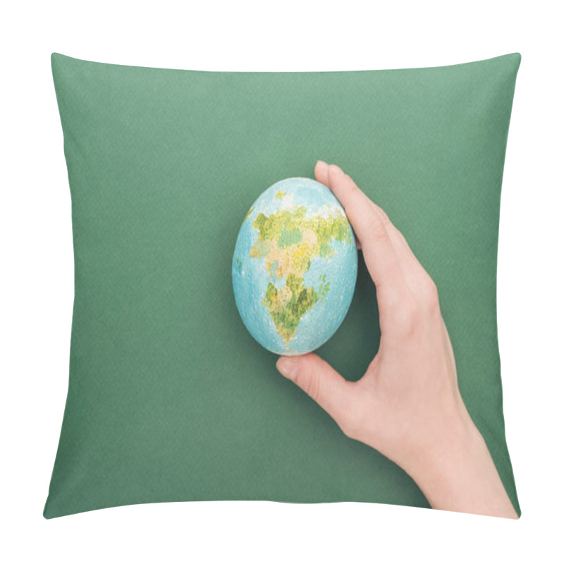 Personality  Partial View Of Woman Holding Toy Earth On Green Background With Copy Space Pillow Covers