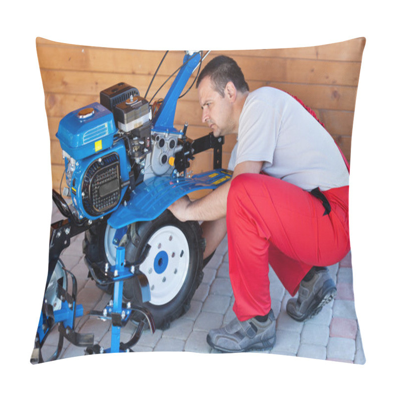 Personality  Small Scale Agriculture - Man Checking On Small Motorized Tiller Pillow Covers