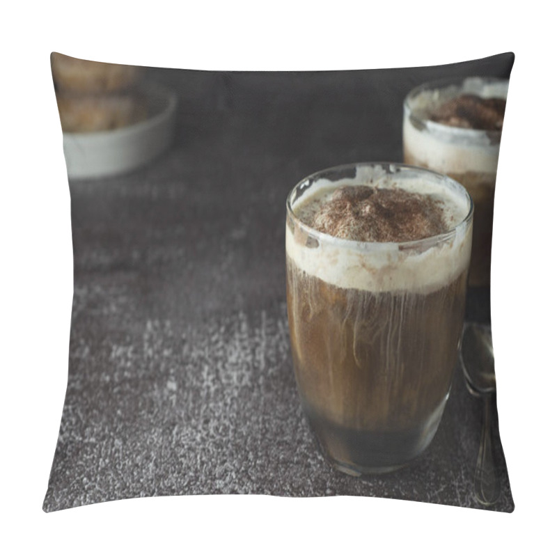 Personality  Affogato Coffee With Ice Cream On A Glass Cup, Dark, Black Background. Copy Space. Pillow Covers