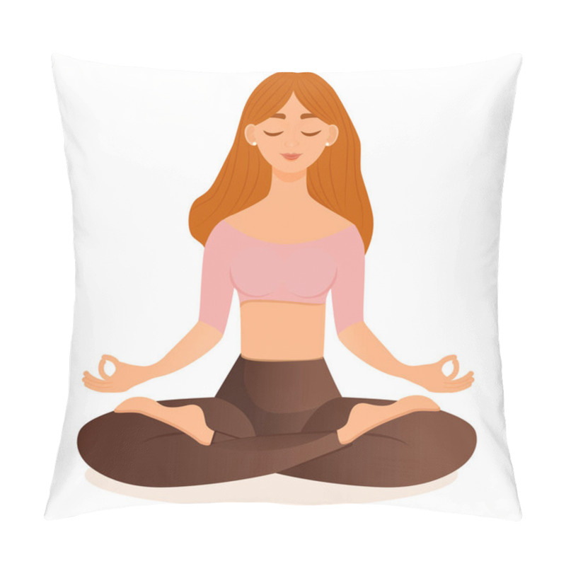 Personality  Young Red Haired Girl Sitting In Lotus Pose At Home. Vector Illustration Isolated On White Background Of The Woman Doing Yoga, Meditation, Healthy Lifestyle. Crossed Legs. Pillow Covers