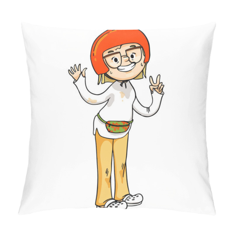 Personality  Funny Cartoon Biker Girl In Red Helmet Getting Wet In The Rain. Vector Hand Drawn Character. Pillow Covers