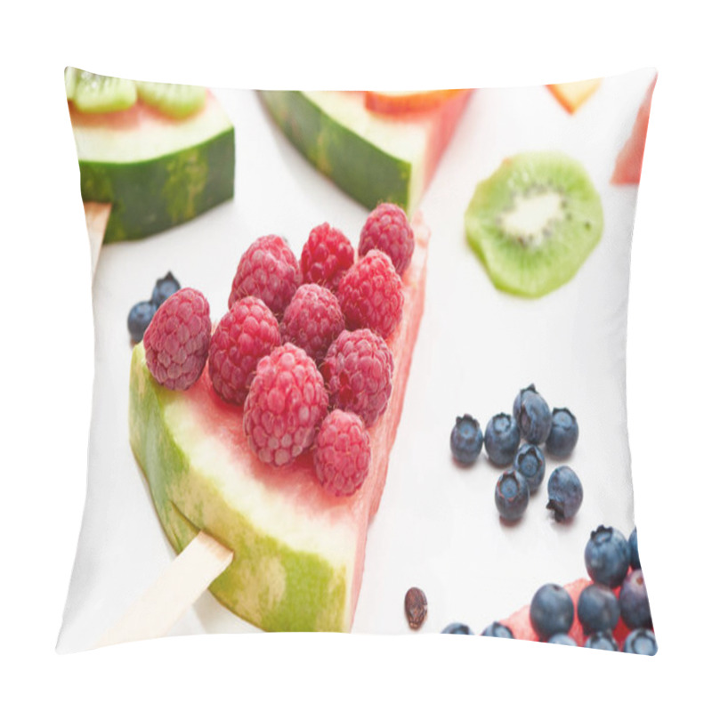 Personality  Close Up View Of Delicious Dessert With Watermelon On Stick And Raspberries On White Background Pillow Covers