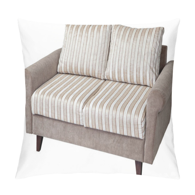 Personality  2 Seater Sofa Upholstered In Striped Fabric, Isolated On White.  Pillow Covers