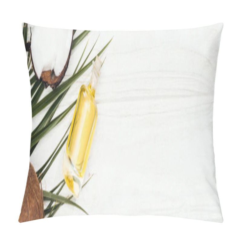 Personality  Top View Of Coconut Oil In Bottle On Green Palm Leaf On White Wooden Surface, Panoramic Shot Pillow Covers