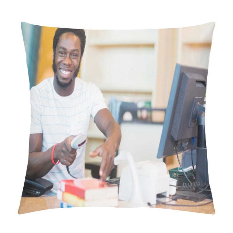 Personality  Happy Librarian Scanning Books In Library Pillow Covers