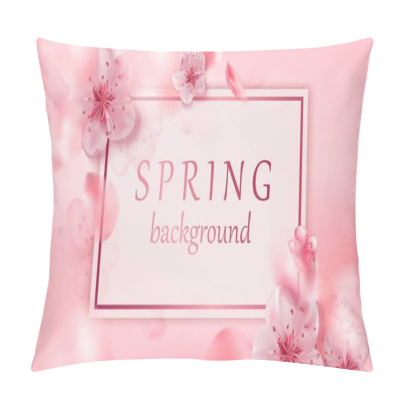 Personality  Spring Pink Vector Illustration With Cherry Blossom Flowers, Flying Petals. Pink Sakura. Blurred Abstract Background Pillow Covers