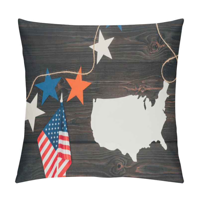 Personality  Top View Of Arranged American Flags, Piece Of Map And Stars On Wooden Surface, Presidents Day Celebration Concept Pillow Covers