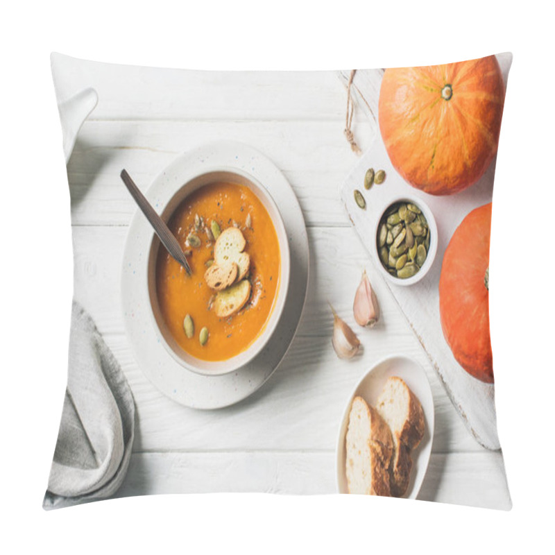 Personality  Elevated View Of Pumpkin Cream Soup With Seeds And Rusks In Bowl On Table  Pillow Covers